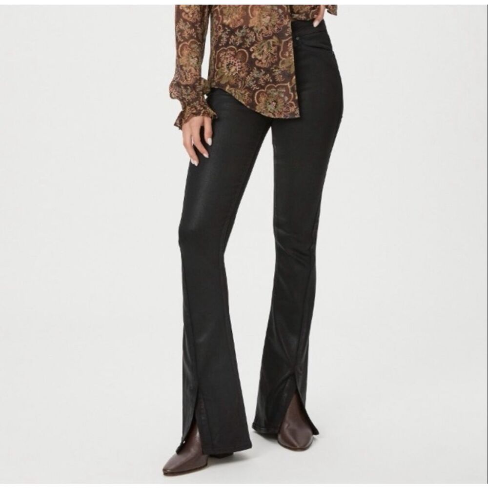 NWT PAIGE Jeans 24 Black Lou Lou High Rise Flare Luxe Coated Anthropologie Pants